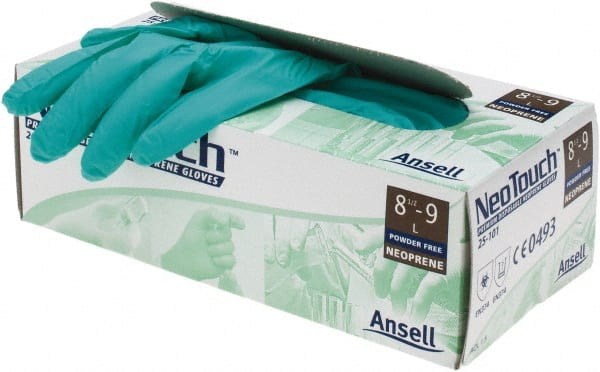 Disposable Gloves: Neoprene Green, 9-1/2″ Length, Textured Fingers, Static Dissipative