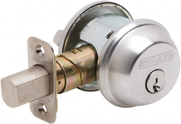 Schlage - 1-3/8 to 2-1/4" Door Thickness, Satin Chrome Finish, Key Operated Deadbolt - Exact Tool & Supply