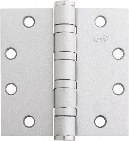 IVES - 4-1/2" Long x 4-1/2" Wide x 1.34" Thick, Stainless Steel Full Mortise Ball Bearing Hinge - Satin Chrome Finish, 5 Knuckles, 8 Holes - Exact Tool & Supply