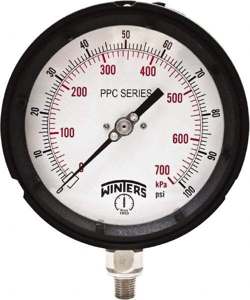 Winters - 4-1/2" Dial, 1/4 Thread, 0-100 Scale Range, Pressure Gauge - Bottom Connection Mount, Accurate to ±0.5% of Scale - Exact Tool & Supply
