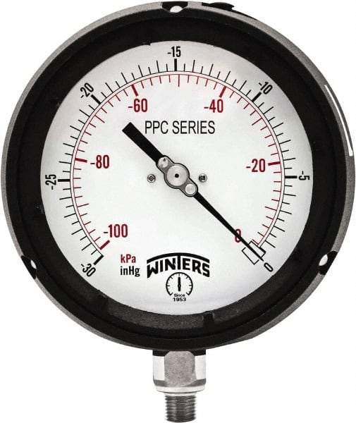 Winters - 4-1/2" Dial, 1/4 Thread, 30" HG Vac Scale Range, Pressure Gauge - Bottom Connection Mount, Accurate to ±0.5% of Scale - Exact Tool & Supply