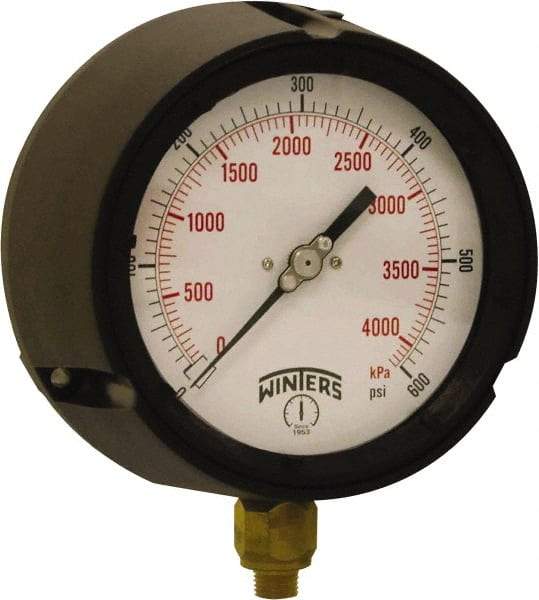 Winters - 4-1/2" Dial, 1/4 Thread, 0-600 Scale Range, Pressure Gauge - Bottom Connection Mount, Accurate to ±0.5% of Scale - Exact Tool & Supply