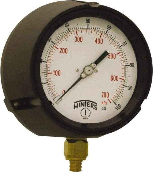 Winters - 4-1/2" Dial, 1/4 Thread, 0-100 Scale Range, Pressure Gauge - Bottom Connection Mount, Accurate to ±0.5% of Scale - Exact Tool & Supply