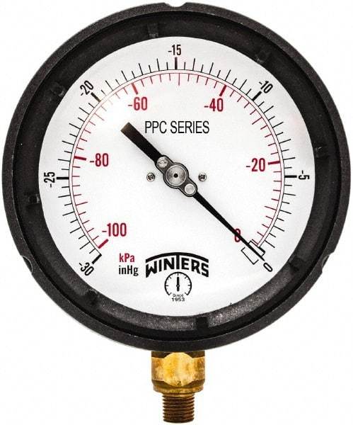 Winters - 4-1/2" Dial, 1/4 Thread, 30" HG Vac Scale Range, Pressure Gauge - Bottom Connection Mount, Accurate to ±0.5% of Scale - Exact Tool & Supply