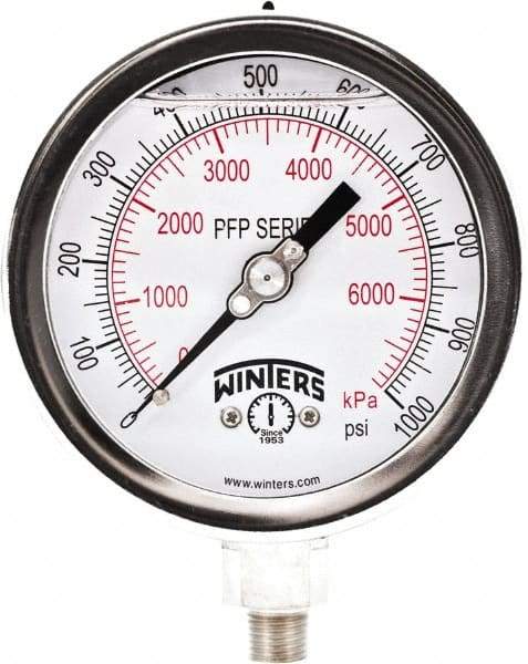 Winters - 4" Dial, 1/4 Thread, 0-1,000 Scale Range, Pressure Gauge - Bottom Connection Mount, Accurate to 1% Full-Scale of Scale - Exact Tool & Supply