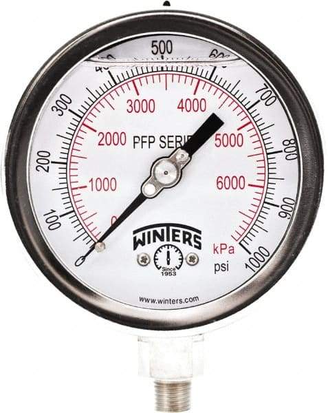 Winters - 4" Dial, 1/4 Thread, 0-1,000 Scale Range, Pressure Gauge - Bottom Connection Mount, Accurate to 0.01% of Scale - Exact Tool & Supply