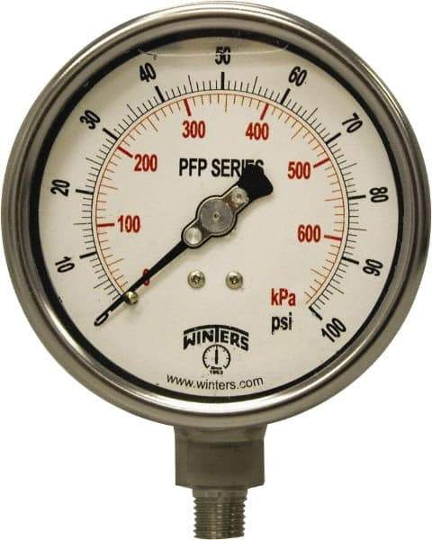 Winters - 4" Dial, 1/4 Thread, 0-100 Scale Range, Pressure Gauge - Bottom Connection Mount, Accurate to 0.01% of Scale - Exact Tool & Supply