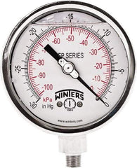 Winters - 4" Dial, 1/4 Thread, 30" HG Vac Scale Range, Pressure Gauge - Bottom Connection Mount, Accurate to 1% Full-Scale of Scale - Exact Tool & Supply