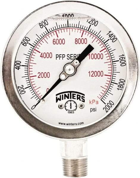 Winters - 4" Dial, 1/4 Thread, 0-2,000 Scale Range, Pressure Gauge - Bottom Connection Mount, Accurate to 0.01% of Scale - Exact Tool & Supply