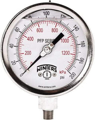 Winters - 4" Dial, 1/4 Thread, 0-200 Scale Range, Pressure Gauge - Bottom Connection Mount, Accurate to 1% Full-Scale of Scale - Exact Tool & Supply