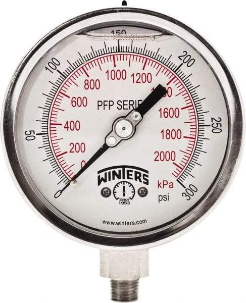 Winters - 4" Dial, 1/4 Thread, 0-300 Scale Range, Pressure Gauge - Bottom Connection Mount, Accurate to 1% Full-Scale of Scale - Exact Tool & Supply