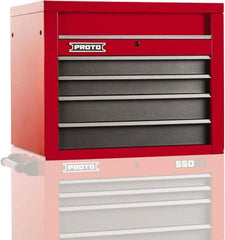 Proto - 4 Drawer Top Tool Chest - 34" Wide x 25-1/4" Deep x 27" High, Steel, Safety Red/Gray - Exact Tool & Supply