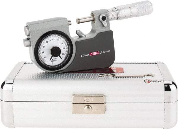 SPI - 0 to 25mm Range, 0.001mm Graduation, Mechanical Indicating Micrometer - Accurate to 0.002mm, Carbide Measuring Face - Exact Tool & Supply