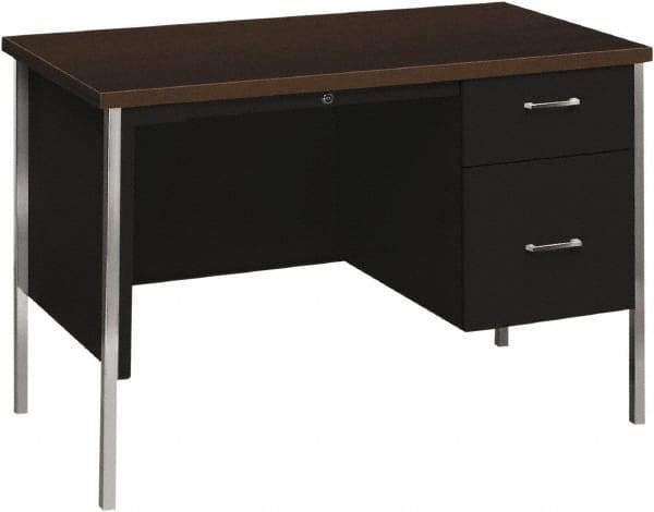 Hon - Woodgrain Laminate Right Pedestal Desk with Center Drawer - 45-1/4" Wide x 24" Deep x 29-1/2" High, Mocha/Black - Exact Tool & Supply