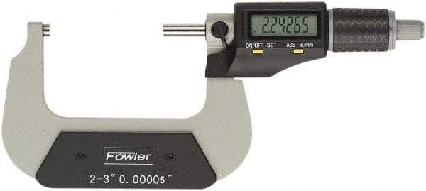 Fowler - 2 to 3" Range, 0.00005" Resolution, Standard Throat IP54 Electronic Outside Micrometer - 0.0002" Accuracy, Ratchet Stop Thimble, Carbide Face, CR2032 Battery - Exact Tool & Supply
