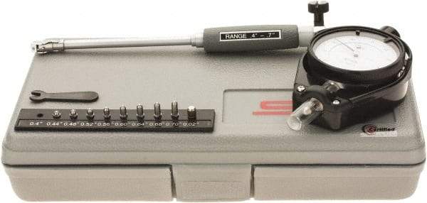 SPI - 9 Anvil, 0.4 to 0.7" Dial Bore Gage - 0.0001" Graduation, 4" Gage Depth, Accurate to 0.0003", Carbide Ball - Exact Tool & Supply
