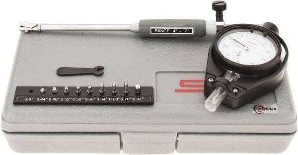 SPI - 9 Anvil, 0.4 to 0.7" Dial Bore Gage - 0.0005" Graduation, 4" Gage Depth, Accurate to 0.0006", Carbide Ball - Exact Tool & Supply