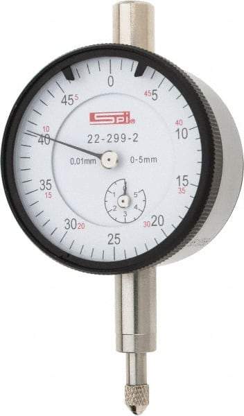 SPI - 5mm Range, 0-50 Dial Reading, 0.01mm Graduation Dial Drop Indicator - 42mm Dial, 0.5mm Range per Revolution, 0.016mm Accuracy, Includes NIST Traceability Certification - Exact Tool & Supply
