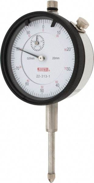 SPI - 20mm Range, 0-100 Dial Reading, 0.01mm Graduation Dial Drop Indicator - 58mm Dial, 1mm Range per Revolution, 0.025mm Accuracy, Revolution Counter, Includes NIST Traceability Certification - Exact Tool & Supply