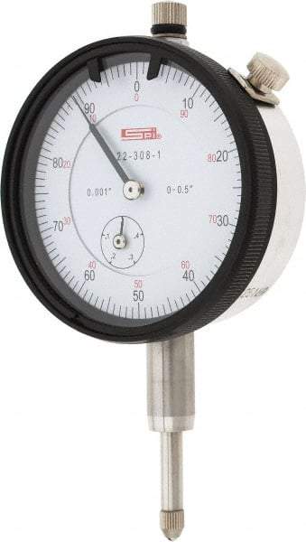 SPI - 1/2" Range, 0-100 Dial Reading, 0.001" Graduation Dial Drop Indicator - 2.2" Dial, 0.1" Range per Revolution, 0.002" Accuracy, Revolution Counter, Includes NIST Traceability Certification - Exact Tool & Supply