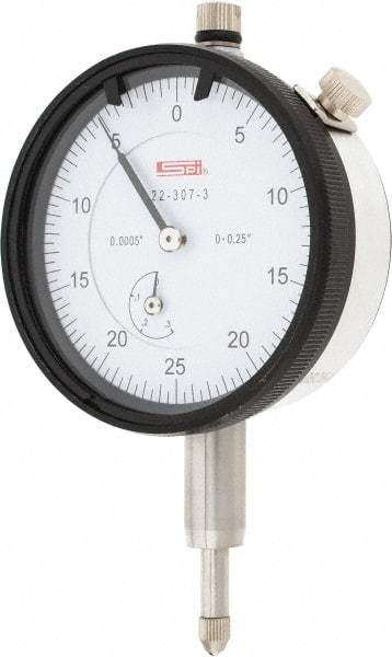 SPI - 1/4" Range, 0-25-0 Dial Reading, 0.0005" Graduation Dial Drop Indicator - 2.2" Dial, 0.05" Range per Revolution, 0.0015" Accuracy, Revolution Counter, Includes NIST Traceability Certification - Exact Tool & Supply