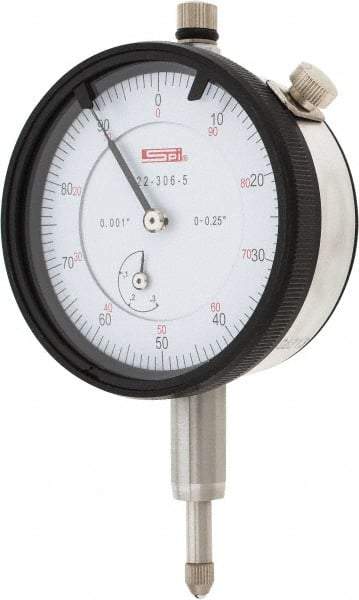 SPI - 1/4" Range, 0-100 Dial Reading, 0.001" Graduation Dial Drop Indicator - 2.2" Dial, 0.1" Range per Revolution, 0.002" Accuracy, Revolution Counter, Includes NIST Traceability Certification - Exact Tool & Supply