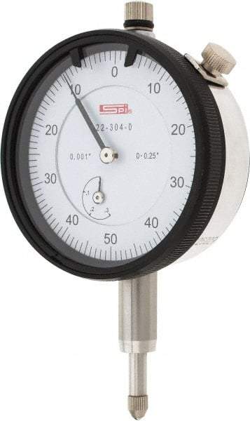 SPI - 1/4" Range, 0-50-0 Dial Reading, 0.001" Graduation Dial Drop Indicator - 2.2" Dial, 0.1" Range per Revolution, 0.002" Accuracy, Revolution Counter, Includes NIST Traceability Certification - Exact Tool & Supply
