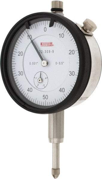 SPI - 1/2" Range, 0-50-0 Dial Reading, 0.001" Graduation Dial Drop Indicator - 2.2" Dial, 0.1" Range per Revolution, 0.002" Accuracy, Revolution Counter, Includes NIST Traceability Certification - Exact Tool & Supply