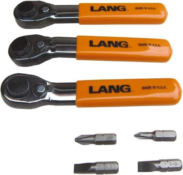 Lang - 7 Piece, Silver/Orange/Black Ratcheting Bit Driver Set - For Use with Various Applications - Exact Tool & Supply
