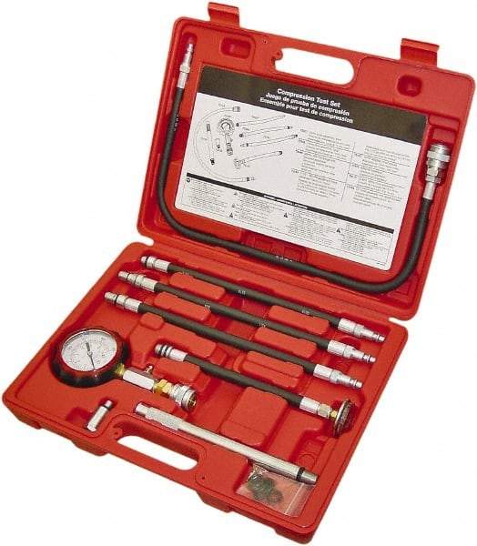 Lang - 8 Piece Dial Engine Compression Test Kit - 300 Max Pressure, 0 to 300 PSI (0 to 21 Kg/cm2) Scale - Exact Tool & Supply