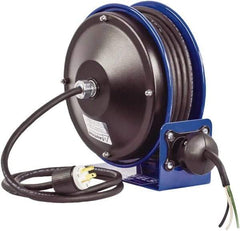 CoxReels - 12 AWG, 30' Cable Length, Cord & Cable Reel with Bare End - 0 Outlets, 20 Amps, 300 Volts, SJO Cable, Blue Reel, Spring Driven Reel - Exact Tool & Supply