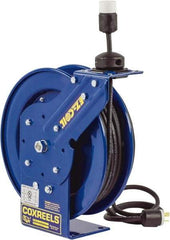 CoxReels - 12 AWG, 50' Cable Length, Cord & Cable Reel with Outlet End - 1 Outlet, NEMA 5-20R, 20 Amps, 115 Volts, SJO Cable, Blue Reel, Spring Driven Reel - Exact Tool & Supply