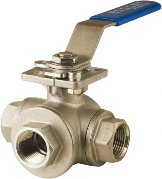 BONOMI - 1-1/2" Pipe, Full Port, Stainless Steel 3-Way Mixing Ball Valve - Exact Tool & Supply