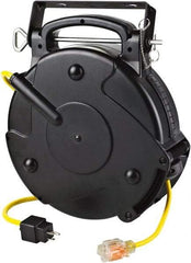 Value Collection - 12 AWG, 45' Cable Length, Cord & Cable Reel with Single Nema 5-20 End - 1 Outlet, NEMA 5-20R, 20 Amps, 120 Volts, SJTOW Cable, Black Reel, Spring Driven Reel - Exact Tool & Supply