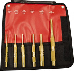 Mayhew - 6 Piece, 1/8 to 3/8", Pin Punch Set - Round Shank, Brass, Comes in Pouch - Exact Tool & Supply