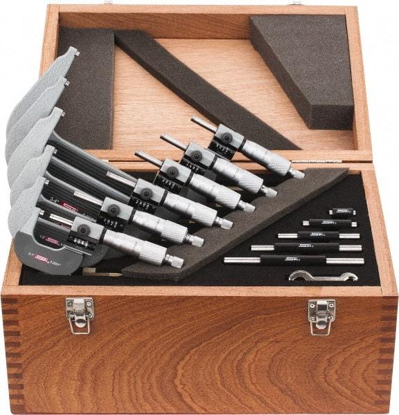 SPI - 0 to 6" Range, 6 Piece Mechanical Outside Micrometer Set - 0.0001" Graduation, 0.0001, 0.0002" Accuracy, Ratchet Stop Thimble, Carbide Face - Exact Tool & Supply