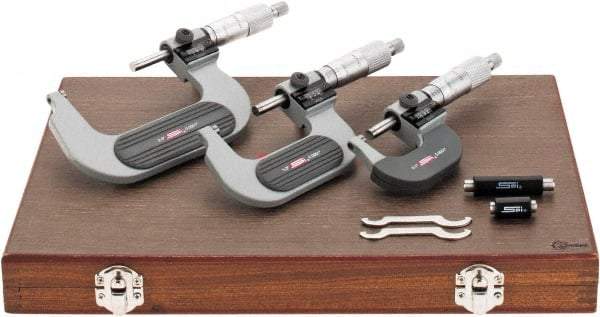 SPI - 0 to 3" Range, 3 Piece Mechanical Outside Micrometer Set - 0.0001" Graduation, 0.0001, 0.0002" Accuracy, Ratchet Stop Thimble, Carbide Face - Exact Tool & Supply
