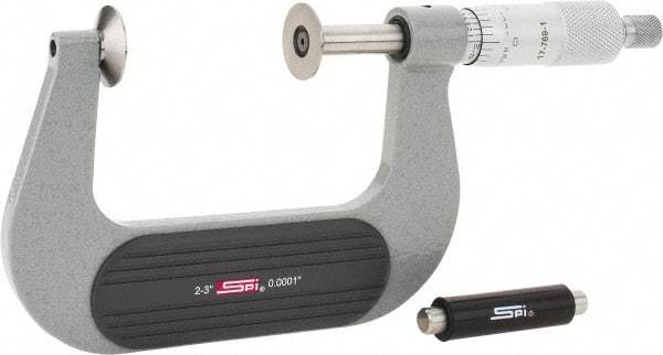 SPI - 2 to 3", Ratchet Stop Thimble, Mechanical Disc Micrometer - 0.0002" Accuracy, 0.79" Disc, 0.0001" Resolution, 0.31" Spindle Diam, Steel Face, NIST Traceability Certification Included - Exact Tool & Supply