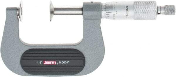 SPI - 1 to 2", Ratchet Stop Thimble, Mechanical Disc Micrometer - 0.0002" Accuracy, 0.79" Disc, 0.0001" Resolution, 0.31" Spindle Diam, Steel Face, NIST Traceability Certification Included - Exact Tool & Supply