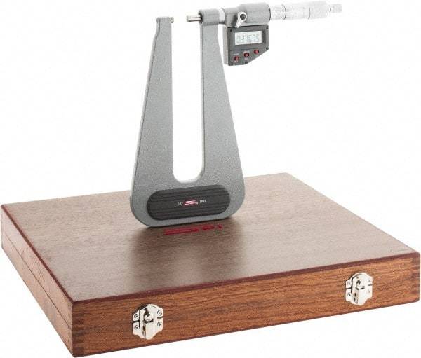 SPI - 0 to 1" Range, 0.00005" Resolution, Deep Throat IP65 Electronic Outside Micrometer - 0.0003" Accuracy, Ratchet Stop Thimble, Carbide Face, LR44 Battery, Includes NIST Traceable Certification of Inspection - Exact Tool & Supply