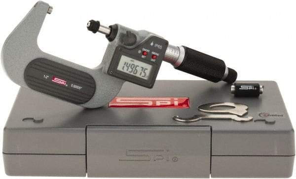 SPI - 1 to 2" Range, 0.00005" Resolution, Standard Throat IP65 Electronic Outside Micrometer - 0.0002" Accuracy, Ratchet Stop Thimble, Carbide Face, LR44 Battery, Includes NIST Traceable Certification of Inspection - Exact Tool & Supply