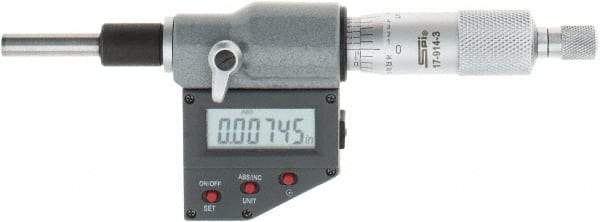 SPI - 0 to 25mm Range, 6.5mm Spindle Diameter, 28.5mm Spindle Length, 160mm OAL, Electronic Micrometer Head - 0.00005" Resolution, 0.0001" Accuracy, Carbide Measuring Face, Data Output - Exact Tool & Supply
