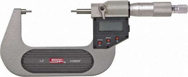 SPI - 0 to 1 Inch, 1.26 Inch Throat Depth, Electronic Spline Micrometer - 0.0001 Inch Accuracy, 0.00005 Inch Graduation, 0.25 Inch Spindle Diameter, 3mm Head Diameter, Ratchet Stop Thimble, Data Output - Exact Tool & Supply