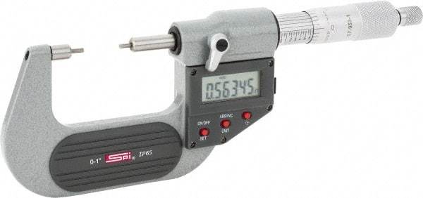 SPI - 0 to 1 Inch, 1.26 Inch Throat Depth, Electronic Spline Micrometer - 0.0001 Inch Accuracy, 0.00005 Inch Graduation, 0.25 Inch Spindle Diameter, 2mm Head Diameter, Ratchet Stop Thimble, Data Output - Exact Tool & Supply