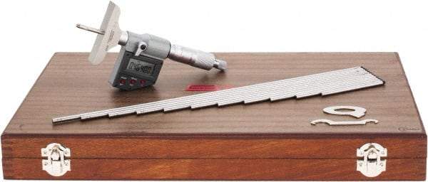 SPI - 0 to 300mm Range, 2-1/2" Base Length, 12 Rods, Ratchet Stop Thimble, Electronic Depth Micrometer - IP65, 0.00005" Resolution, Accurate to 0.007mm, 0.176" Rod Diam, LR44 Battery, Data Output - Exact Tool & Supply