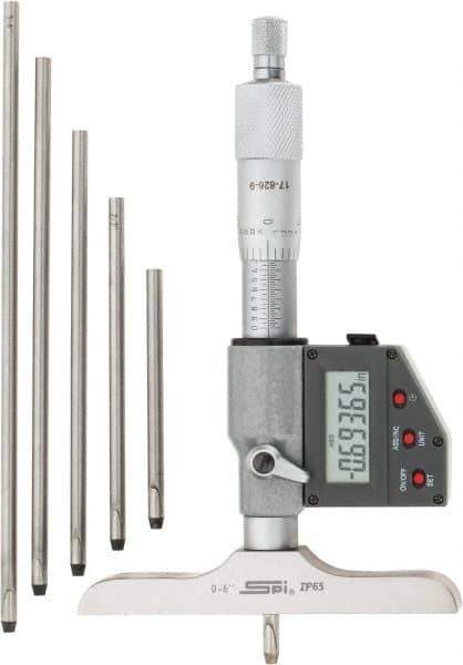 SPI - 0 to 150mm Range, 4" Base Length, 6 Rods, Ratchet Stop Thimble, Electronic Depth Micrometer - IP65, 0.00005" Resolution, Accurate to 0.005mm, 0.176" Rod Diam, LR44 Battery, Data Output - Exact Tool & Supply