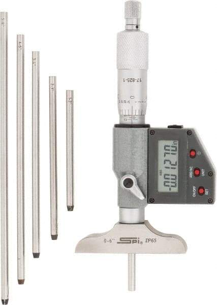 SPI - 0 to 150mm Range, 2-1/2" Base Length, 6 Rods, Ratchet Stop Thimble, Electronic Depth Micrometer - IP65, 0.00005" Resolution, Accurate to 0.005mm, 0.176" Rod Diam, LR44 Battery, Data Output - Exact Tool & Supply