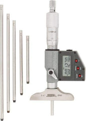 SPI - 0 to 150mm Range, 2-1/2" Base Length, 6 Rods, Ratchet Stop Thimble, Electronic Depth Micrometer - IP65, 0.00005" Resolution, Accurate to 0.005mm, 0.176" Rod Diam, LR44 Battery, Data Output - Exact Tool & Supply