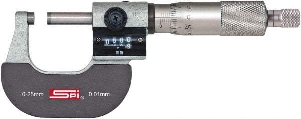 SPI - 0 to 25mm Range, 0.01mm Graduation, Mechanical Outside Micrometer - Ratchet Stop Thimble, 24mm Throat Depth, Accurate to 0.004mm, Digital Counter - Exact Tool & Supply