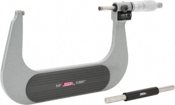 SPI - 5 to 6" Range, 0.0001" Graduation, Mechanical Outside Micrometer - Ratchet Stop Thimble, 3.23" Throat Depth, Accurate to 0.0002", Digital Counter - Exact Tool & Supply
